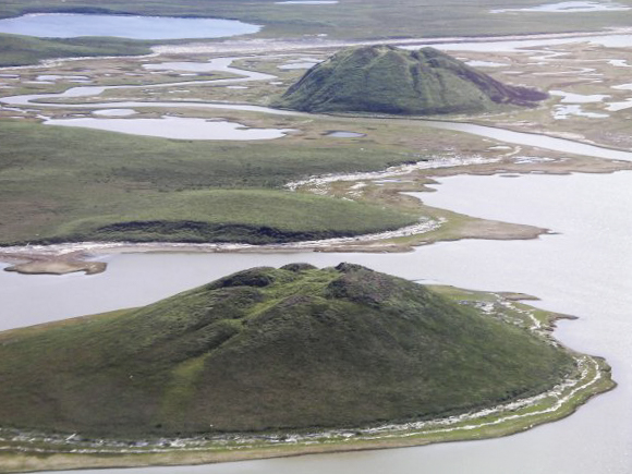 Aerial view of two pingos in the Mackenzie Delta near Tuktoyaktuk, Northwest Territories, Canada