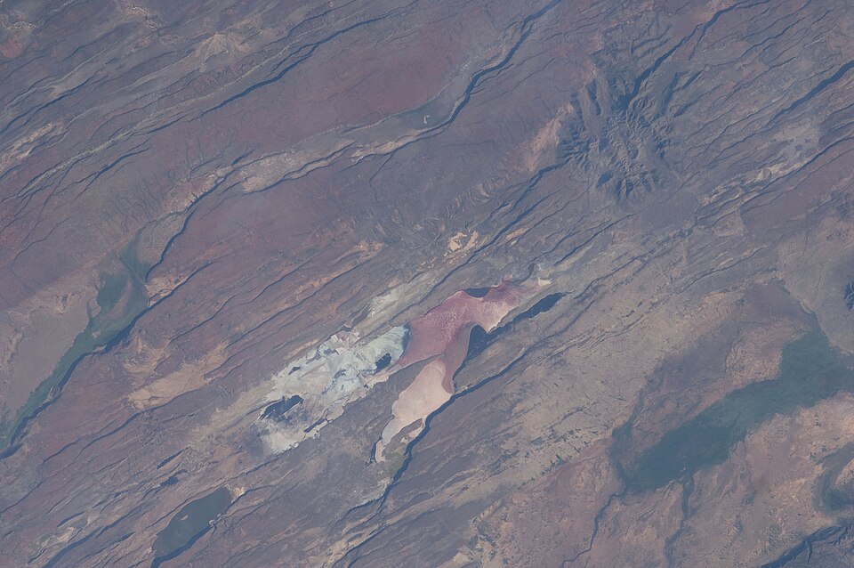 The East African Rift Valley in Kenya photographed from the International Space Station, showing parallel fault scarps and Lake Magadi