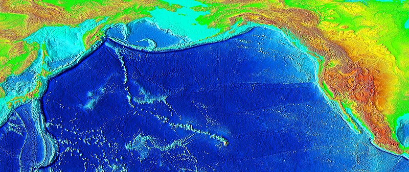 Bathymetric map showing the Hawaiian-Emperor seamount chain trailing northwest across the Pacific Ocean from the Hawaiian Islands