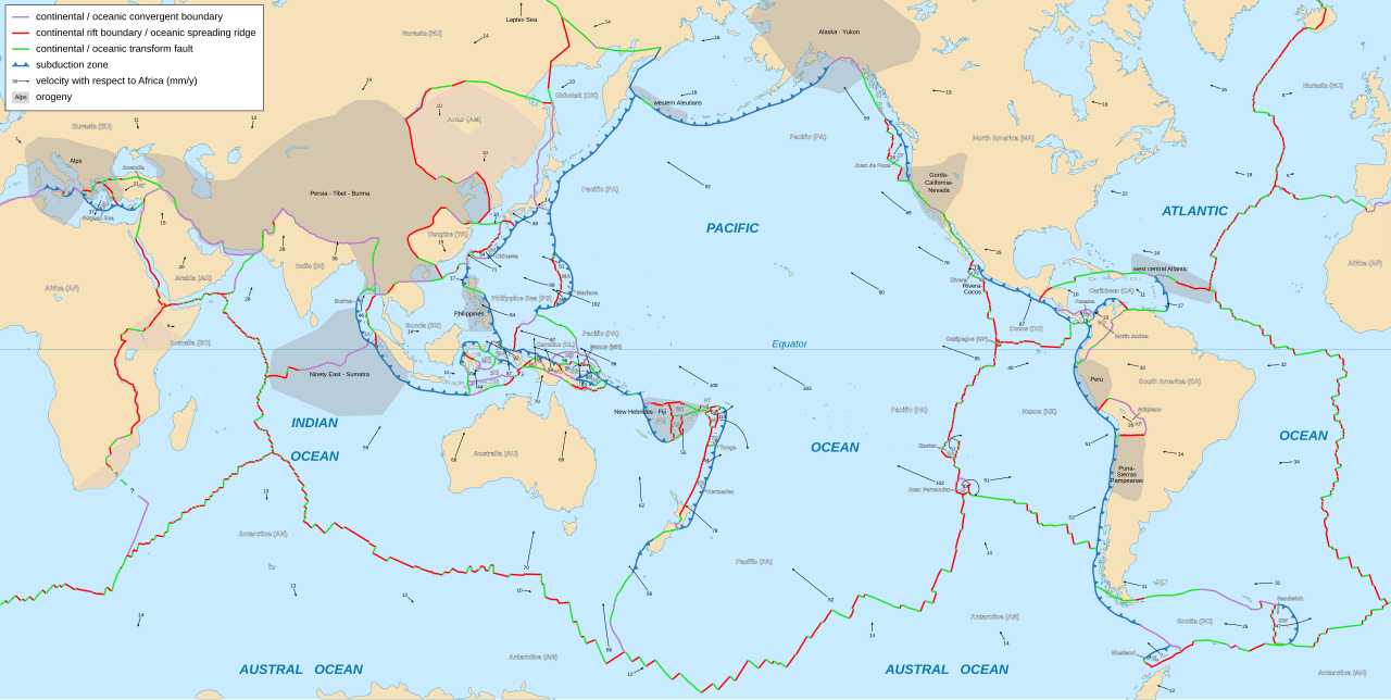 World map showing Earth's major tectonic plates, their boundaries, and movement vectors