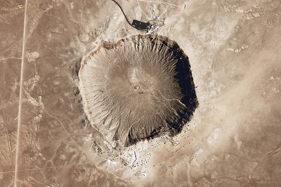 Aerial view of Meteor Crater in Arizona, a well-preserved impact structure approximately 1.2 km in diameter