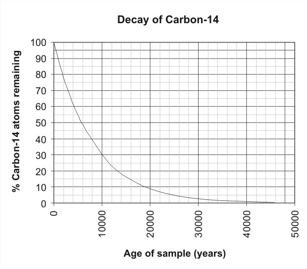 A graph showing the exponential decay curve of a radioactive isotope over successive half-lives