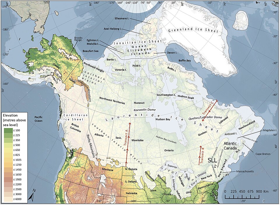 Map showing the extent of the Laurentide Ice Sheet over North America during the Last Glacial Maximum