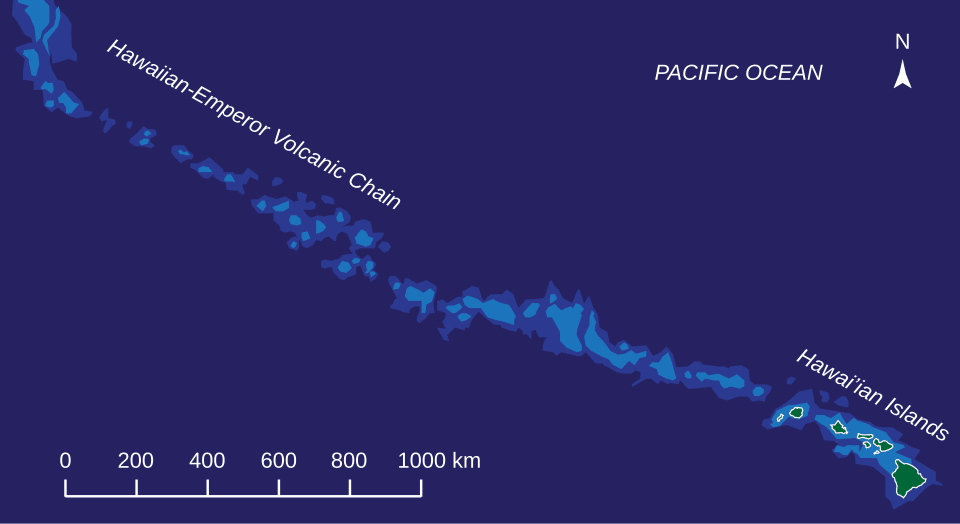 Map of the Hawaiian-Emperor seamount chain stretching across the Pacific Ocean from Hawaii to the Aleutian Trench