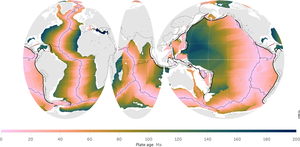 Global map of oceanic plate age, showing young crust in red at mid-ocean ridges grading to old crust in blue near subduction zones