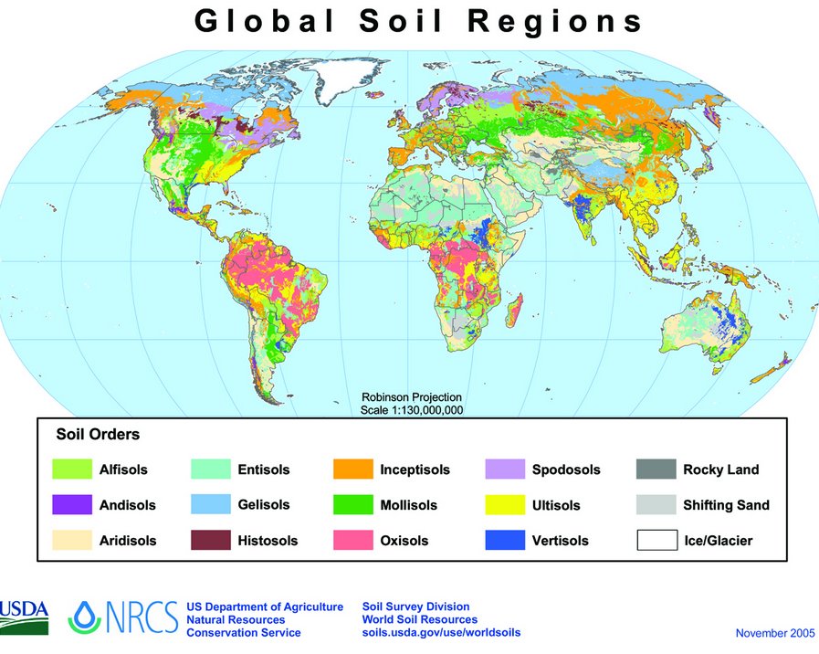 Global map showing the distribution of the twelve USDA soil orders across the continents