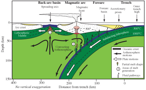 Cross-section diagram of a subduction zone showing oceanic plate descending beneath continental plate, with a back-arc basin