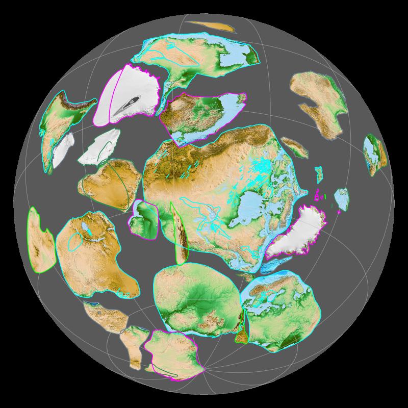 Paleogeographic reconstruction of the supercontinent Rodinia approximately 900 million years ago, showing Laurentia at the centre surrounded by other cratons