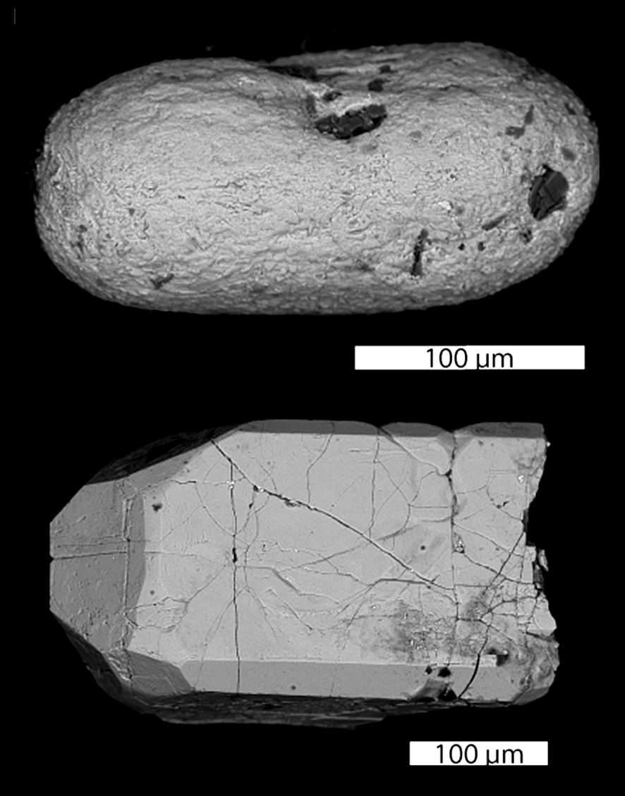 Backscattered electron micrographs of detrital zircon grains from the Jack Hills, Western Australia, showing internal growth zoning