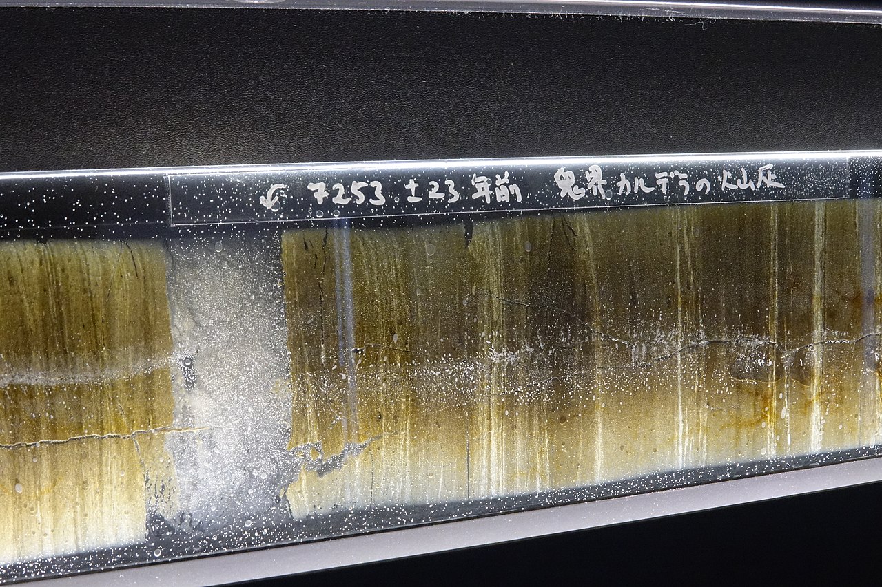A section of varved lake sediment showing alternating light and dark annual layers