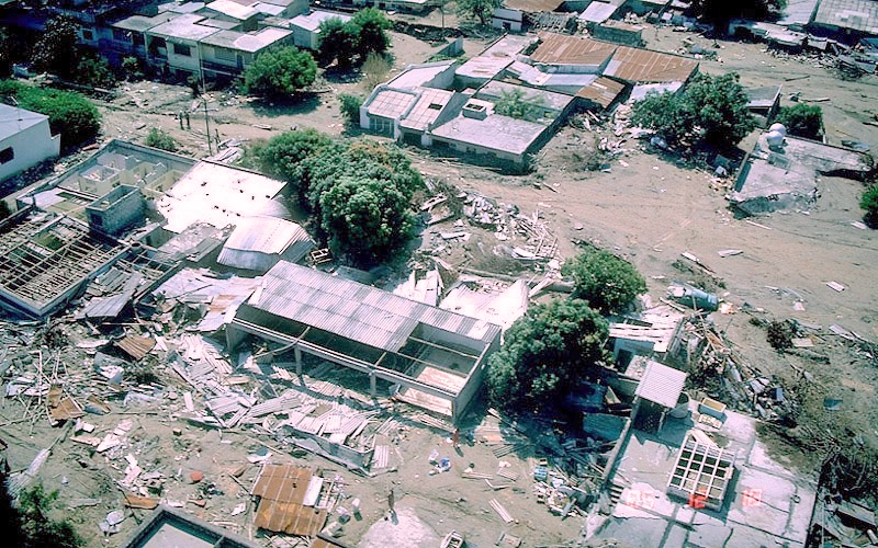 Aerial view of the destroyed town of Armero, Colombia, buried under lahar deposits from the 1985 eruption of Nevado del Ruiz