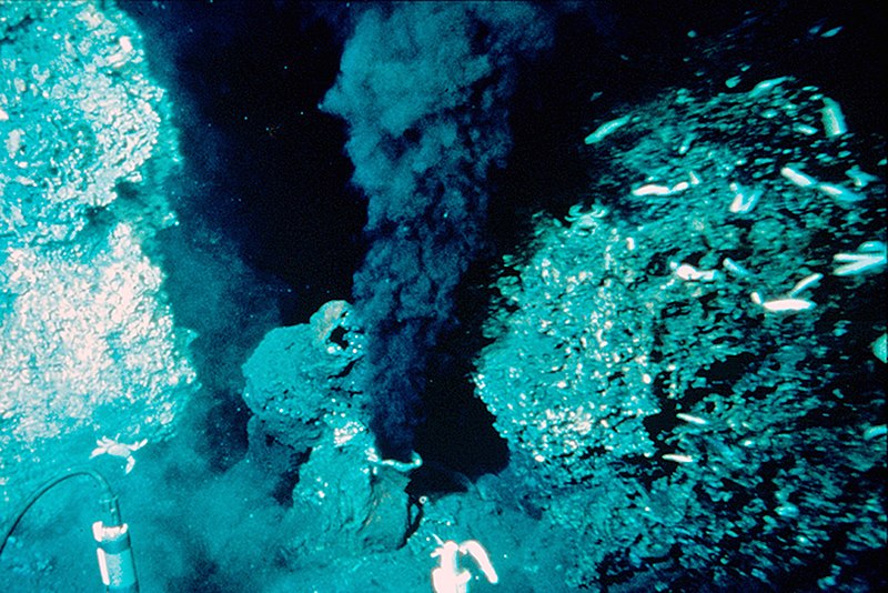 A black smoker hydrothermal vent chimney on the East Pacific Rise emitting a dark plume of mineral-rich fluid