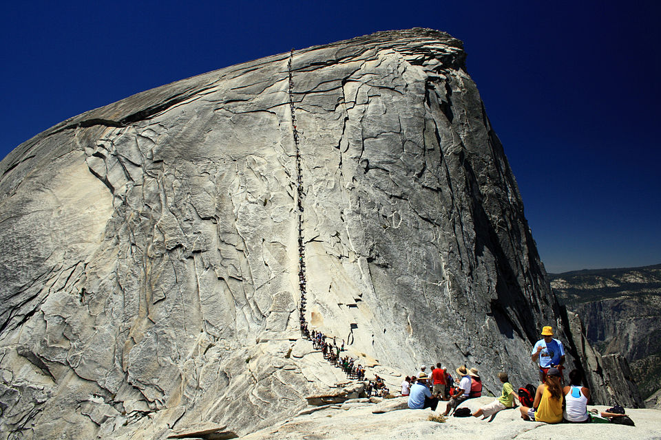 Half Dome in Yosemite National Park, showing the characteristic curved exfoliation sheets produced by pressure release as overlying rock is eroded away