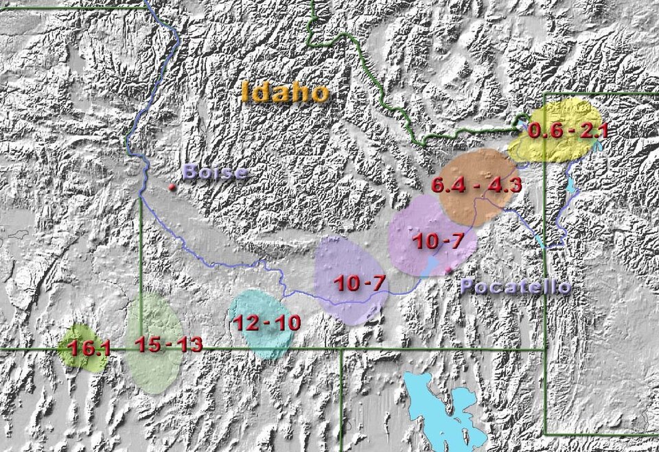 Map of the western United States showing the track of the Yellowstone hotspot from the Nevada-Oregon border northeastward across the Snake River Plain to Yellowstone National Park, with eruption ages in millions of years labelled at successive caldera positions