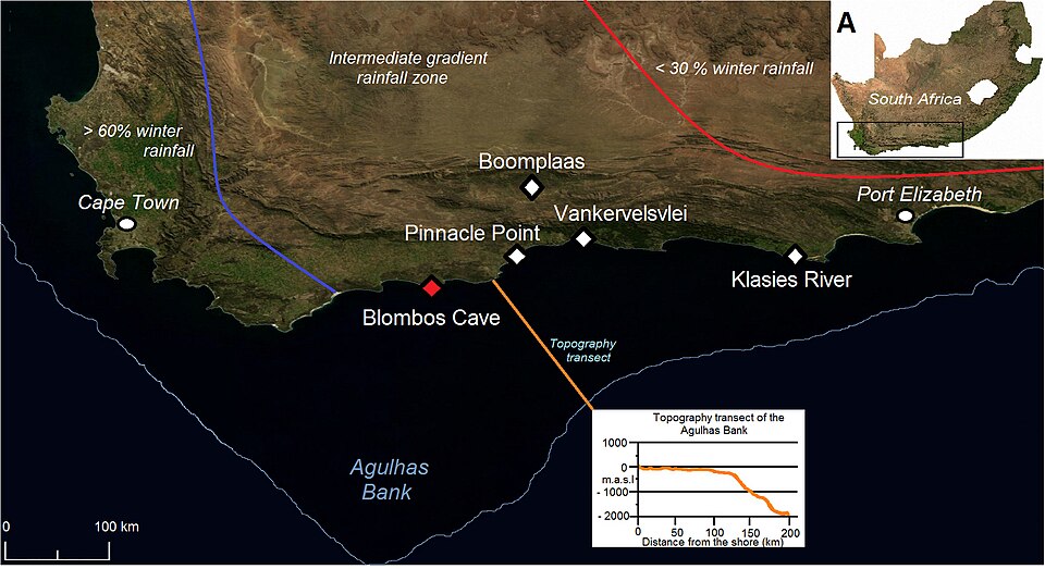 Blombos Cave on the southern coast of South Africa, where some of the earliest evidence for symbolic behavior has been recovered