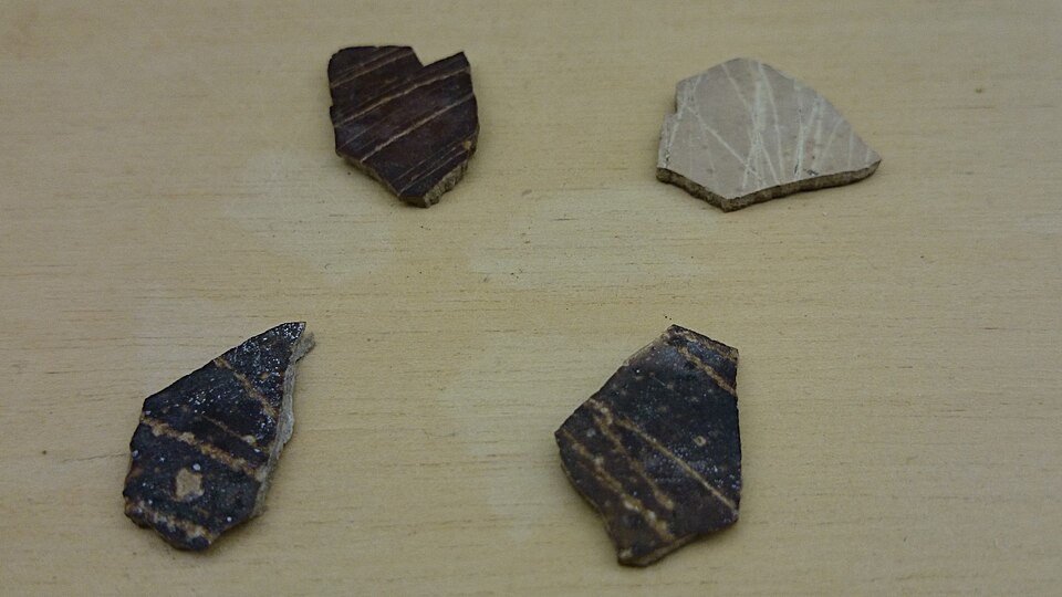 Engraved ostrich eggshell fragment from Diepkloof, Western Cape, South Africa, dated to approximately 55,000-65,000 years ago