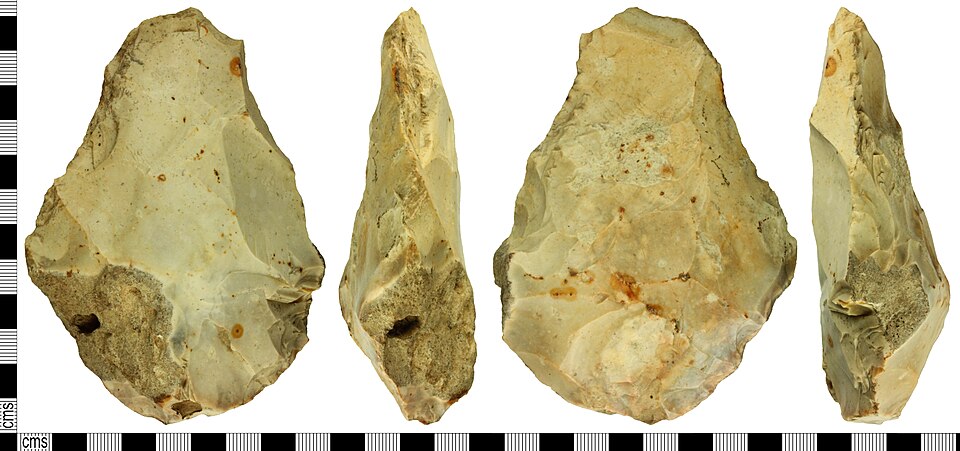 A flint Acheulean handaxe from the Lower Palaeolithic, sub-cordate in shape, dating to approximately 500,000–150,000 years ago