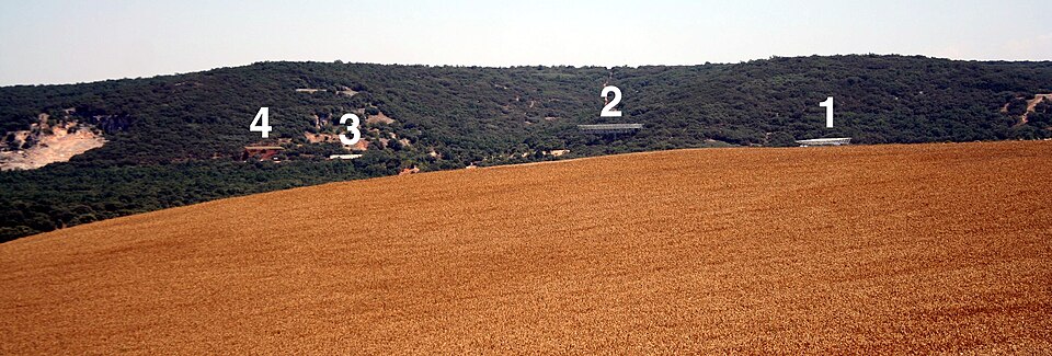 Panoramic view of the Atapuerca railway trench showing the locations of the Sima del Elefante, Galería, and Gran Dolina excavation sites