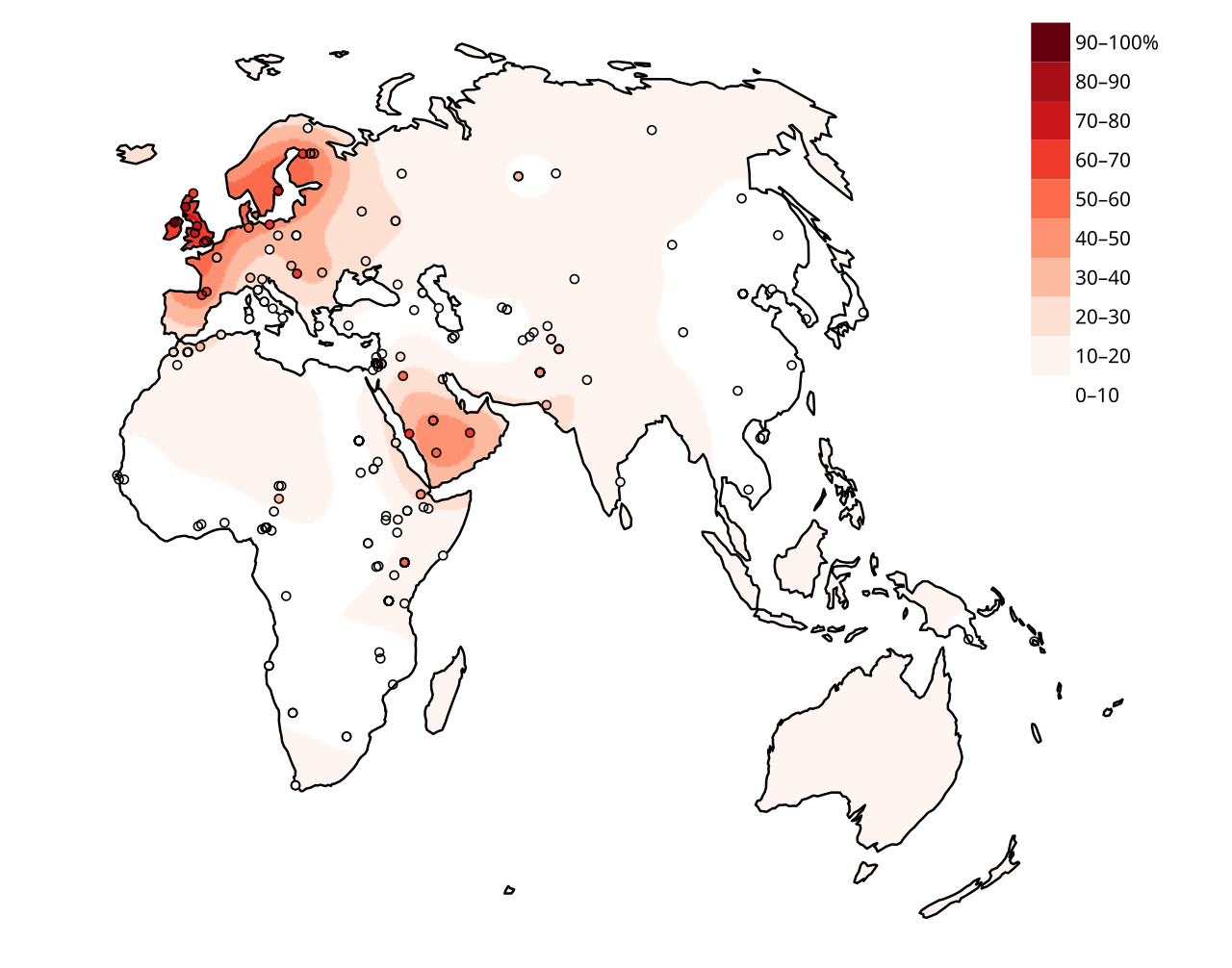 Map showing the global distribution of lactase persistence, one of the clearest examples of recent human genetic adaptation