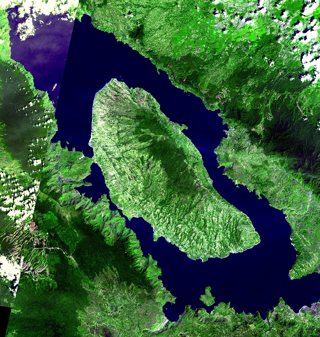 Satellite view of Lake Toba in Sumatra, the caldera formed by the supervolcanic eruption approximately 74,000 years ago