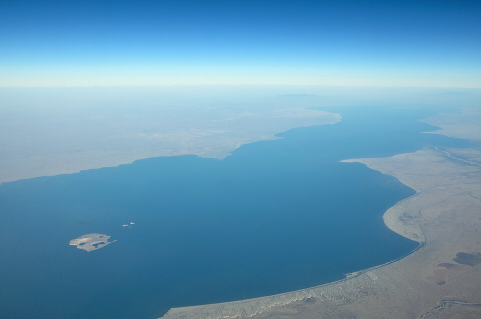 Aerial view of Lake Turkana, Kenya, showing the arid landscape of the Eastern Rift Valley