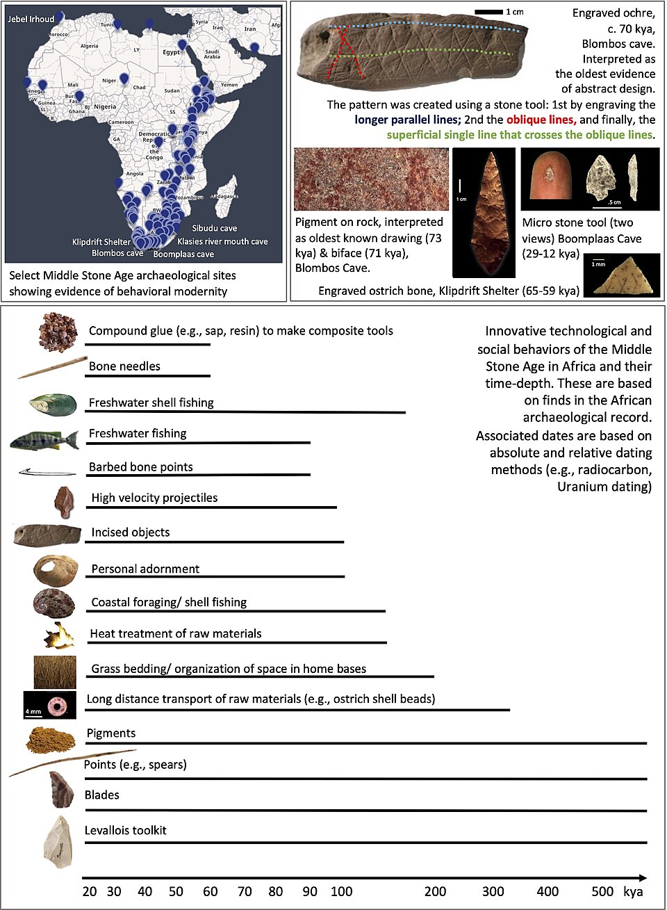 Map of African Middle Stone Age sites where evidence of behavioral modernity has been documented, including Blombos Cave, Sibudu Cave, and Pinnacle Point