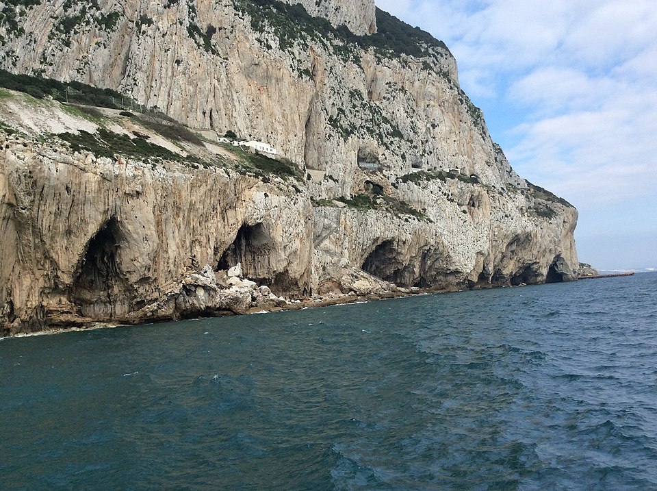 Gorham's Cave Complex in Gibraltar, viewed from the Mediterranean Sea, one of the last proposed refugia of Neanderthal populations