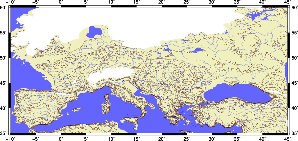 Topographic contour map of Europe during the Last Glacial Maximum showing ice sheet extent and lowered sea levels approximately 21,000 years ago