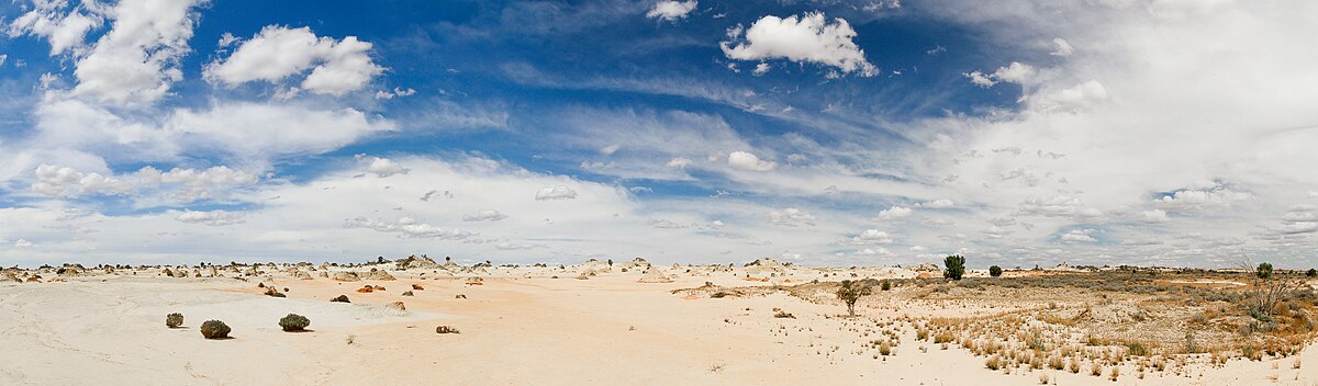 Panoramic view of the eroded lunette formations at Lake Mungo, New South Wales, one of the oldest archaeological sites in Australia
