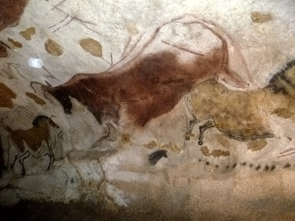 Interior of the Lascaux Cave showing prehistoric polychrome animal paintings on the cave walls