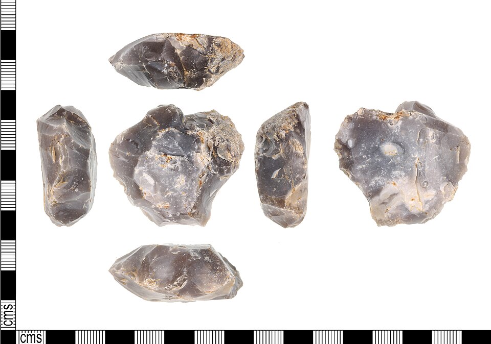 A flint Levallois core from the Middle Paleolithic, showing the characteristic prepared striking platform and convex upper surface