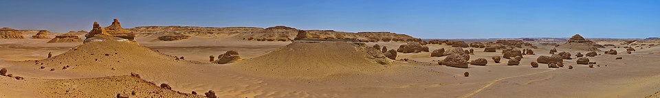Panoramic landscape of Wadi Al-Hitan in the Western Desert of Egypt, the UNESCO World Heritage site preserving more than 400 archaeocete whale skeletons