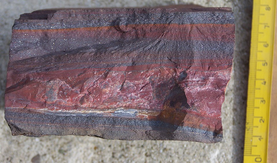 Rock sample from a banded iron formation from the Barberton Greenstone Belt, South Africa, approximately 3.15 billion years old