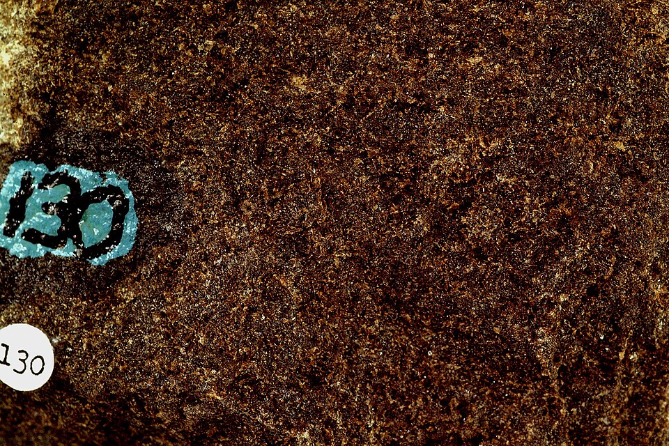 Close-up of a tholeiitic basalt sample from the Deccan Traps, India