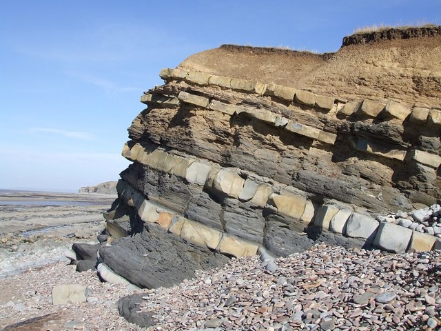 Tilted Carboniferous limestone strata at Kilve Beach, Somerset, England, showing bedded rock layers exposed by coastal erosion