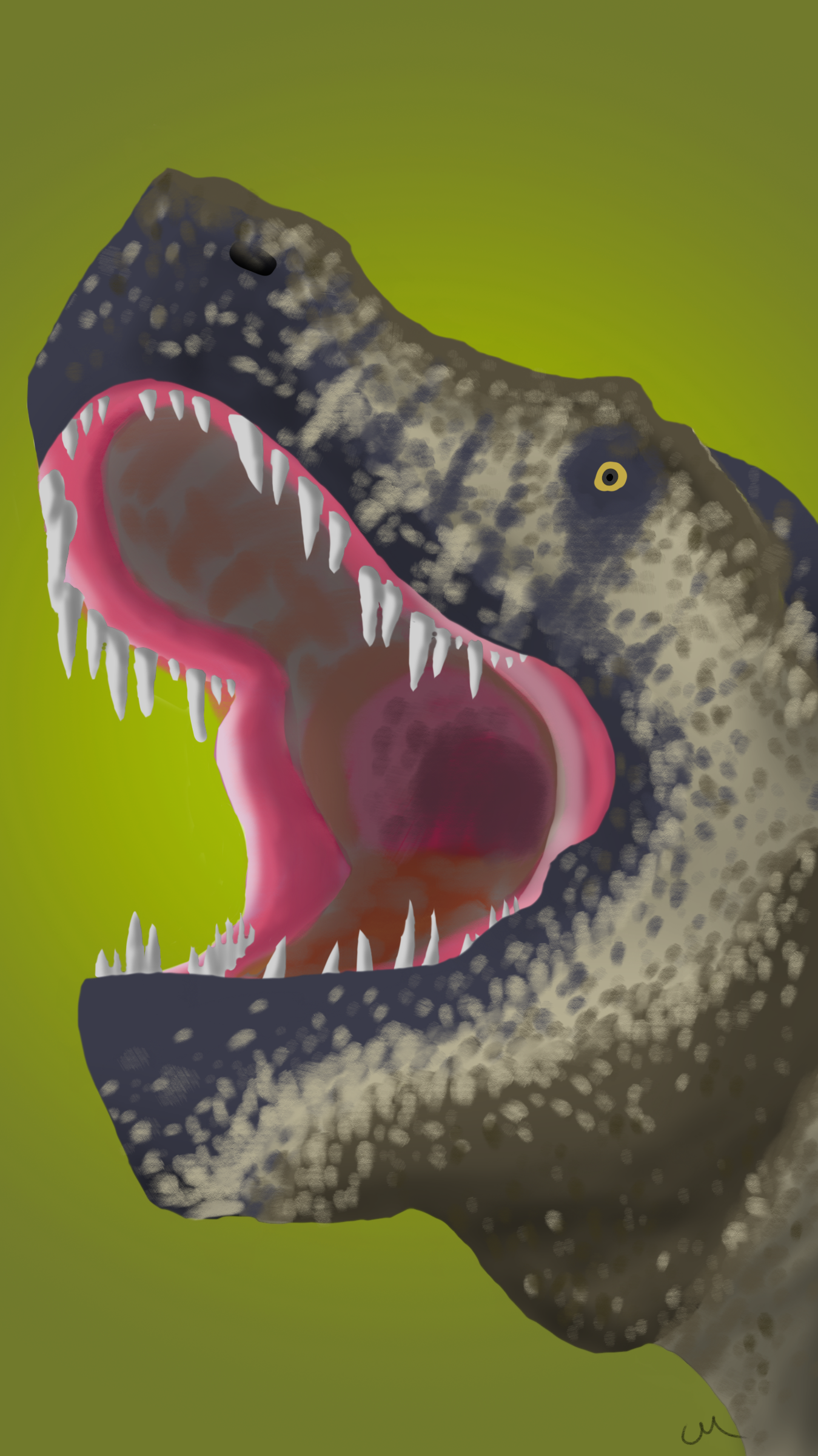 Life restoration of Tyrannosaurus rex showing the head with lips covering the teeth