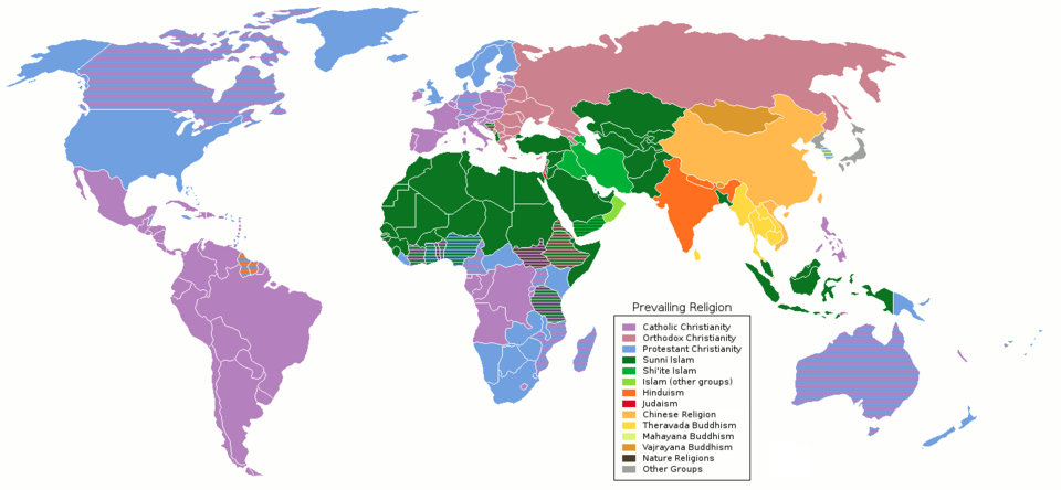 World map showing the geographic distribution of major religions
