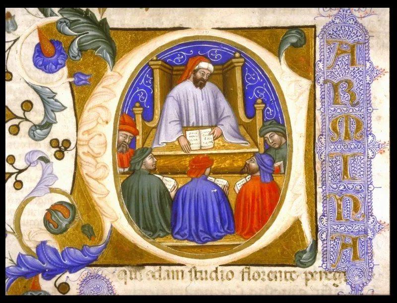 Medieval illuminated initial depicting Boethius teaching his students