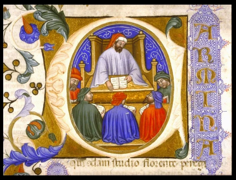 Medieval manuscript illumination of Boethius teaching his students, from a 1385 Italian manuscript of the Consolation of Philosophy