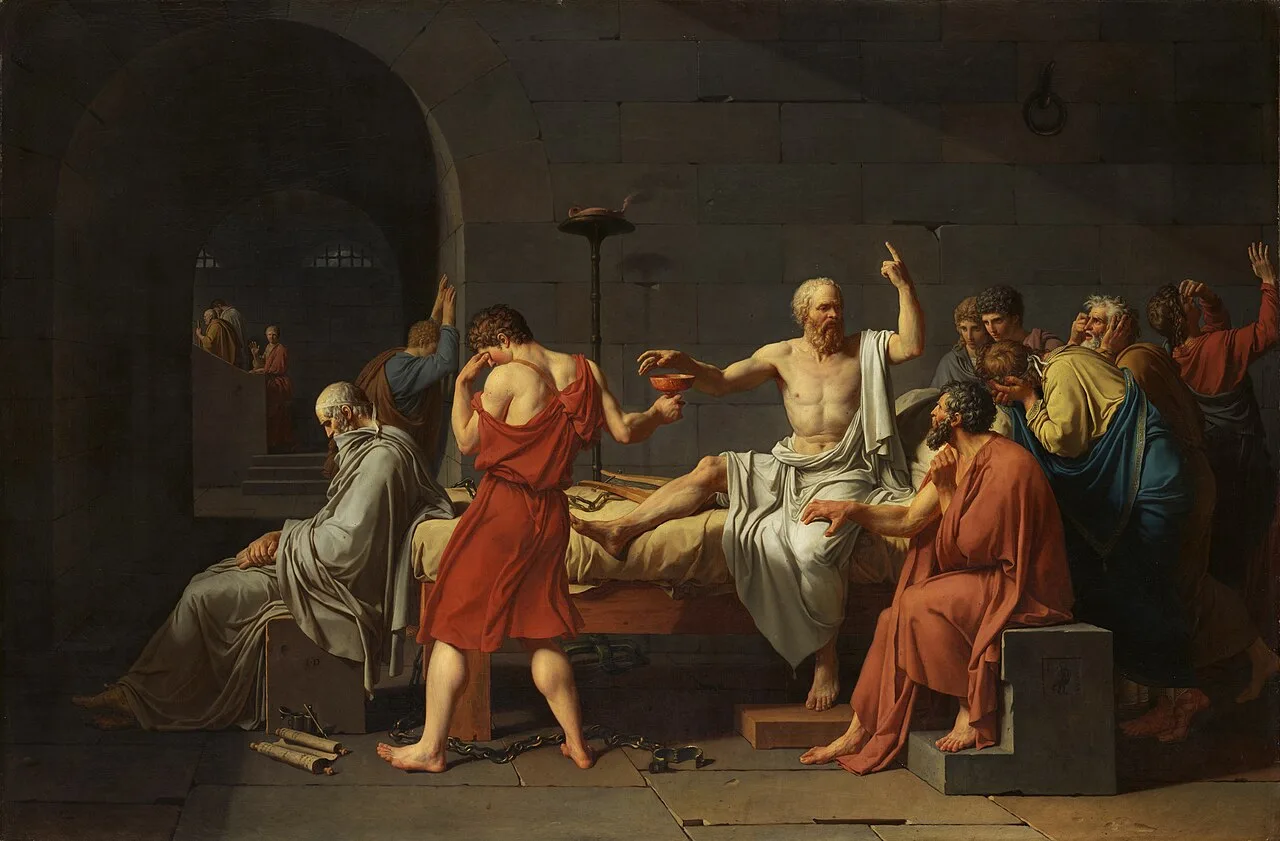 The Death of Socrates by Jacques-Louis David, depicting Socrates reaching for the cup of hemlock while discoursing with his followers