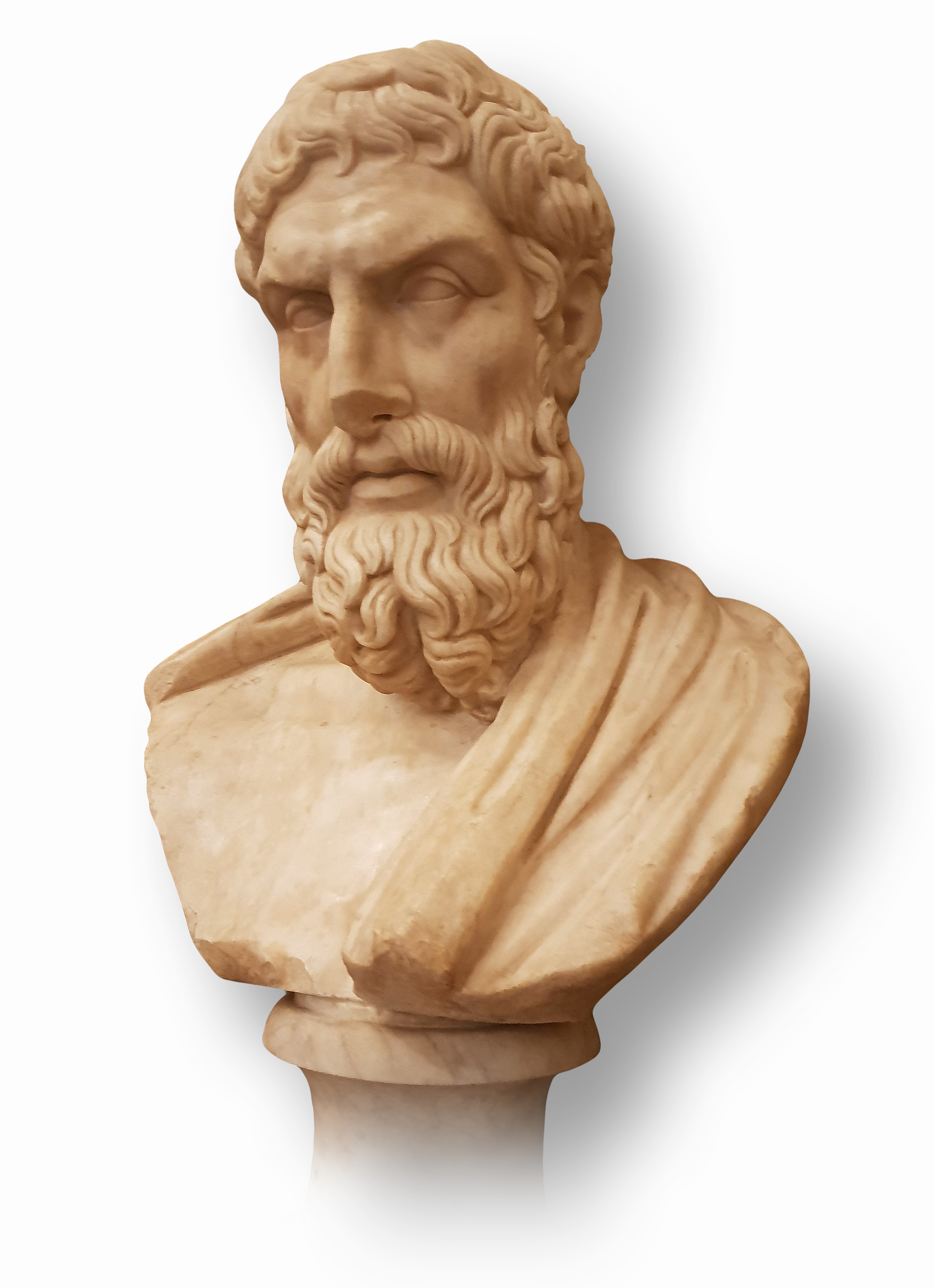 Roman marble bust of Epicurus, who posed early versions of the logical problem of evil involving incompatible divine properties