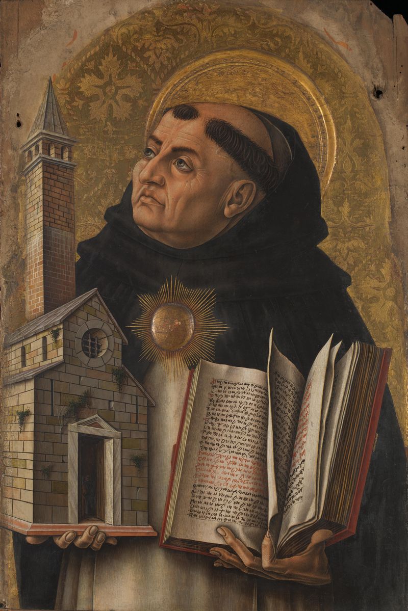 Painting of Saint Thomas Aquinas by Carlo Crivelli, depicting the Dominican friar holding a book and a model church