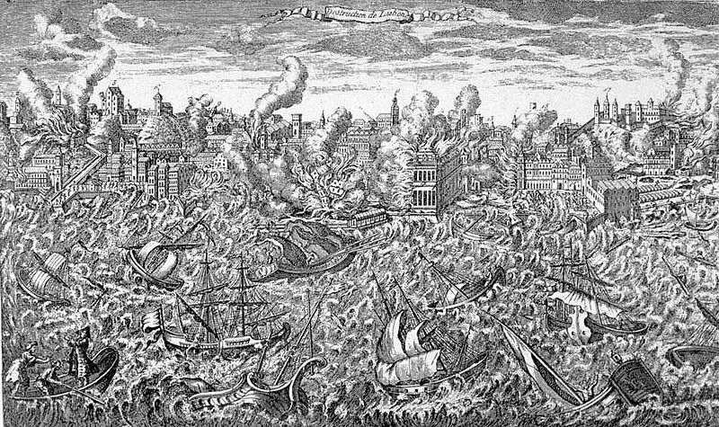 Copper engraving of the 1755 Lisbon earthquake showing collapsing buildings, a tsunami, and fires