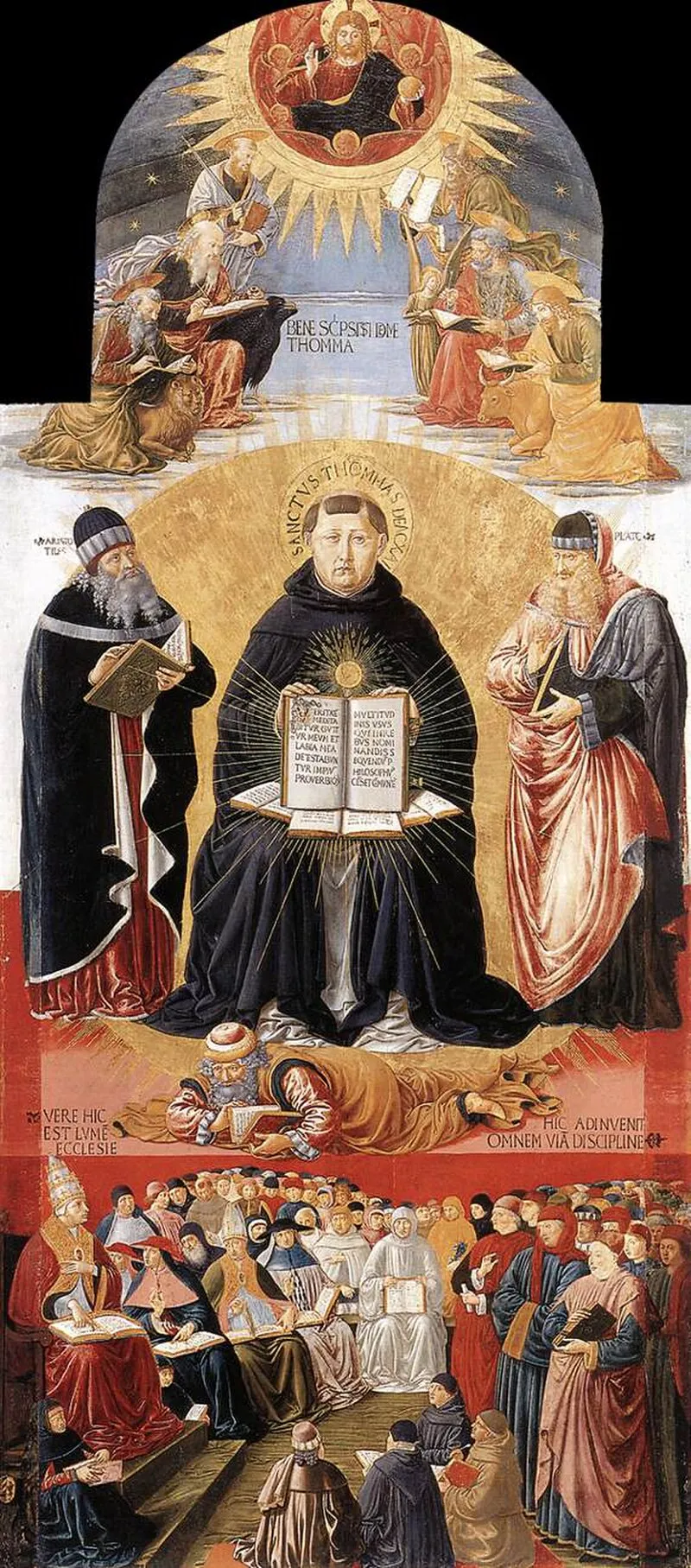 Benozzo Gozzoli's 1471 painting Triumph of St Thomas Aquinas, showing Aquinas enthroned among theologians and philosophers