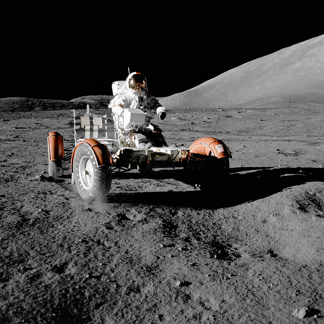 Apollo 17 mission, 12 December 1972. Astronaut Eugene A. Cernan, commander, makes a short checkout of the Lunar Roving Vehicle (LRV) during the early 
