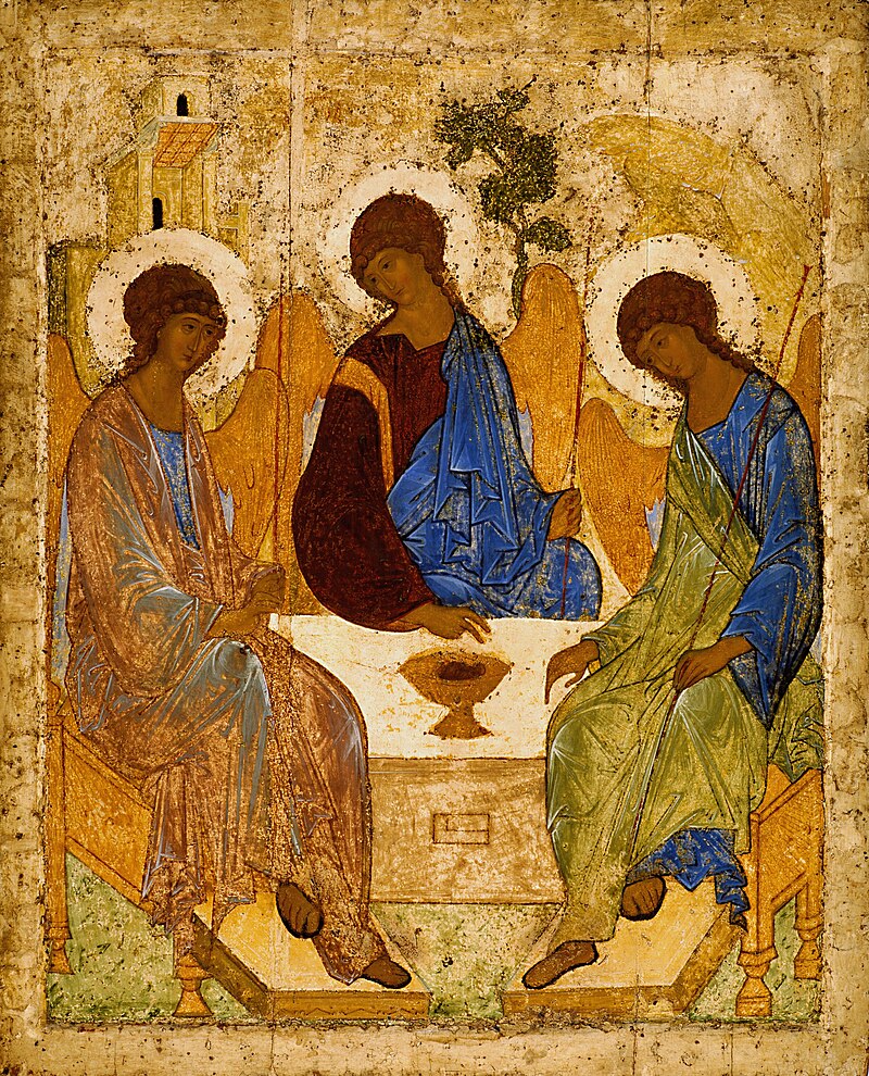 Rublev's Holy Trinity icon, c. 1425–1427, depicting three angels seated around a table