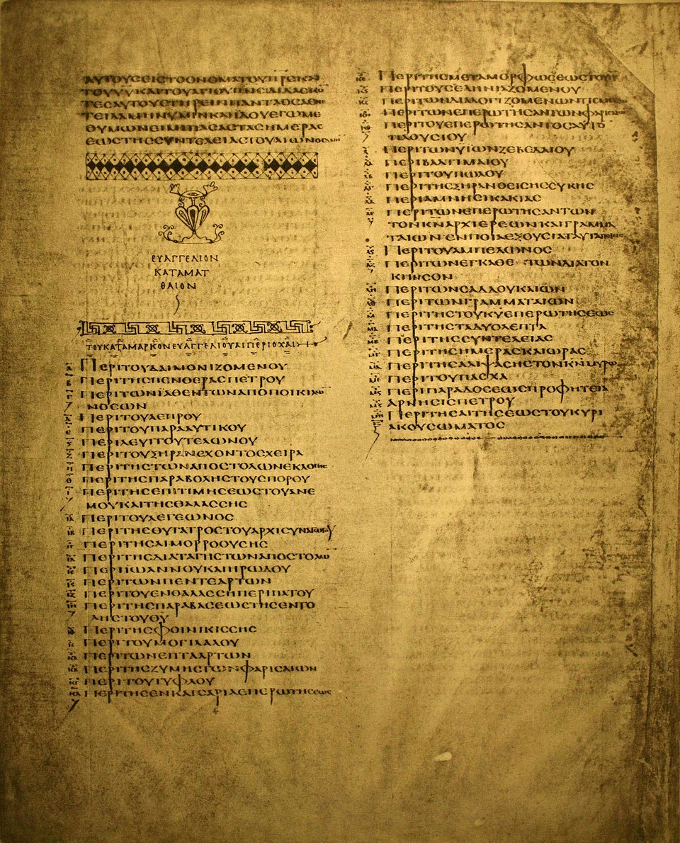 List of kephalaia (chapter headings) from Codex Alexandrinus, a 5th-century Greek Bible manuscript, placed between the Gospels of Matthew and Mark