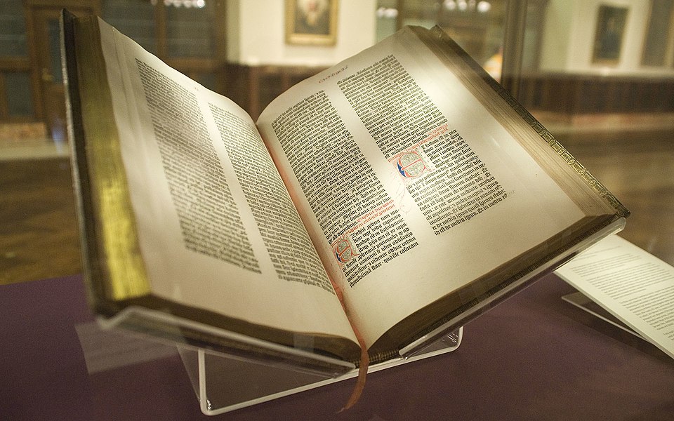 The Gutenberg Bible, Lenox Copy, open to a page of Latin text at the New York Public Library