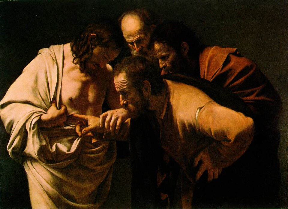 Thomas placing his finger into Christ's wound, watched by two onlookers, in Caravaggio's Incredulity of Saint Thomas