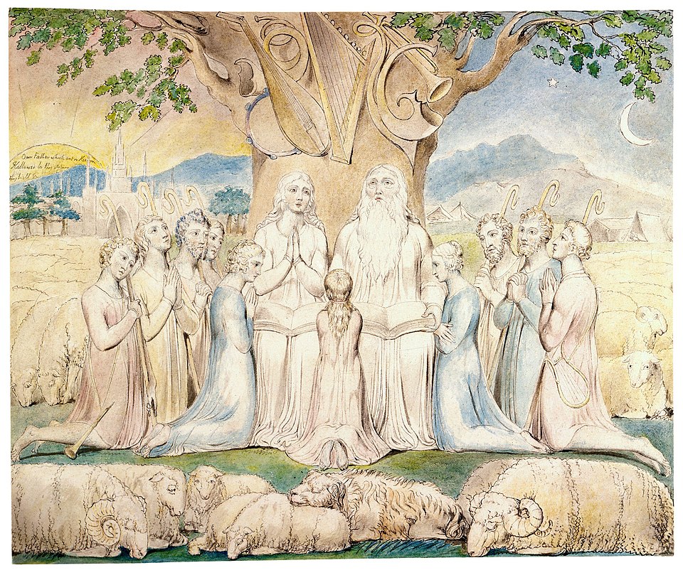 William Blake's painting Job and His Family, depicting the patriarch Job surrounded by his family in a pastoral scene